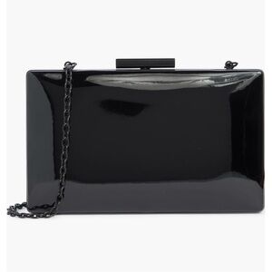 Kurt Geiger High-Shine Black Patent Box Clutch with Chain